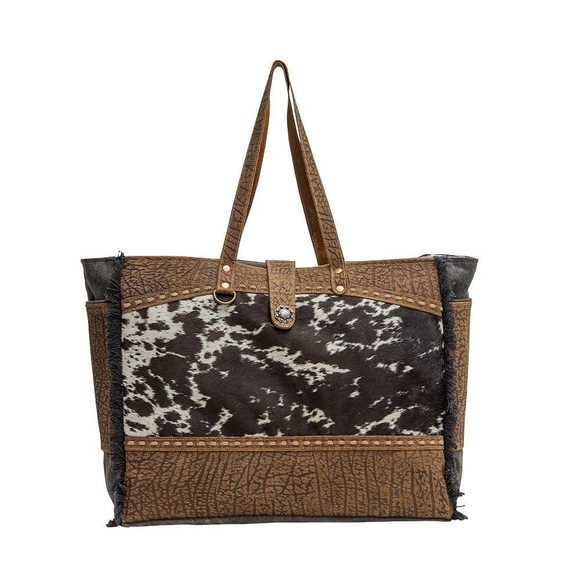 Western Leather Weekender Bag - Cotton & Upcycled Canvas Boho :D - Picture 1 of 8